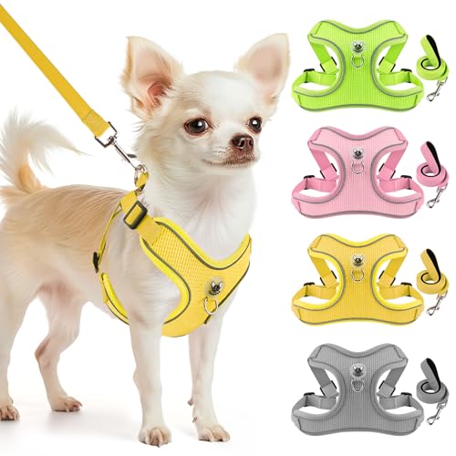 Feycig Hundegeschirr Kleine Hunde, Anti Zug Einstellbar Reflektierend Geschirr, Atmungsaktiv Weiches aus Mesh Geschirr Hund Leichtes Welpengeschirr Brustgeschirr mit Griff (Amarillo Claro, Medium) von Feycig