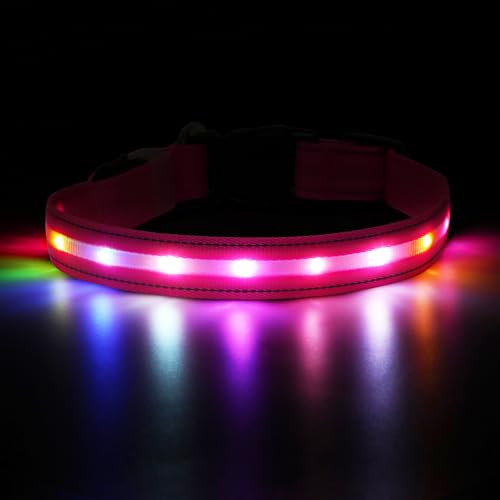 Feycig Leuchthalsband Hund Halsband Aufladbar - LED Hundehalsband Leuchtend USB Wasserdicht Einstellbare, 3 Modi, Leuchthalsband für Kleine Mittlere Große Hunde (Lichtrosa, L(48-60cm/19-23.6inch)) von Feycig