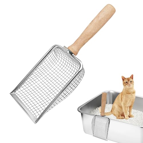 Katzenschaufel Edelstahl für Katzenklo, Katzenklo Schaufel Fein, Metall Katzenstreuschaufel, Schaufel für Katzentoilette Lochabstand 5mm, Katzenschaufel mit Holzgriff, Litter Box Scoop von Fhintory