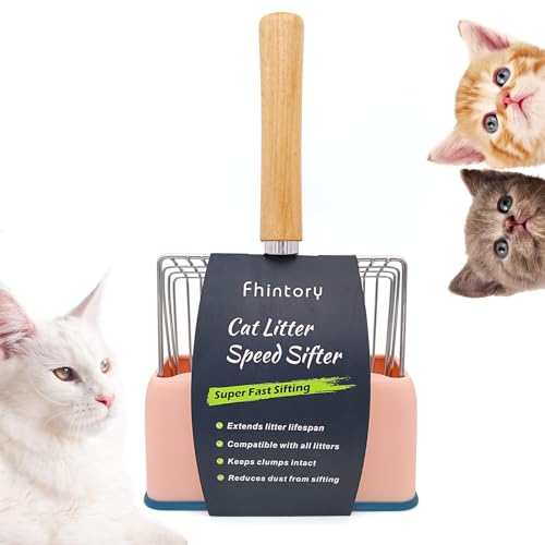 Katzenstreuschaufel mit Behälter, Katzenklo Schaufel Metall mit Halterung, Katzenstreu Schaufel mit Holzgriff, Lochabstand 7mm, Länge 28cm, Litter Box Scoop, Cat Litter Scoop von Fhintory