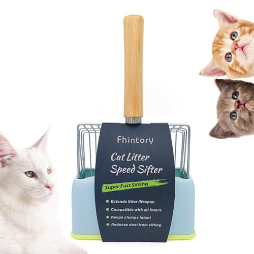 Fhintory Katzenstreuschaufel mit Behälter, Katzenklo Schaufel Metall mit Halterung, Katzenstreu Schaufel mit Holzgriff, Lochabstand 7mm, Länge 28cm, Litter Box Scoop, Cat Litter Scoop von Fhintory