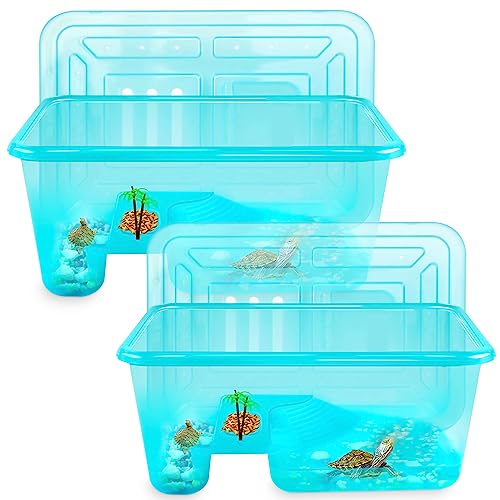 Fhiny 2 Stück Schildkröten-Tank mit Deckel, kleine und mittelgroße Kunststoff-Schildkröten-Aufzuchtbox mit Pflanzen-Abdeckplattform und Schildkrötensee-Aquarium, Krebse, Reptilien von Fhiny