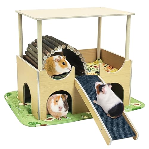 Fhiny Großes Meerschweinchenversteck 2-stöckiges Chinchilla-Schloss aus Holz mit Treppenbrücke und weicher Matte, Schweinchenhaus, Kleintierversteck für Hamster, Habitat, Dekoration für Chinchilla Fhiny Großes Meerschweinchenversteck 2-stöckiges Chinchilla-Schloss aus Holz mit Treppenbrücke und weicher Matte, Schweinchenhaus, Kleintierversteck für Hamster, Habitat, Dekoration für Chinchilla von Fhiny