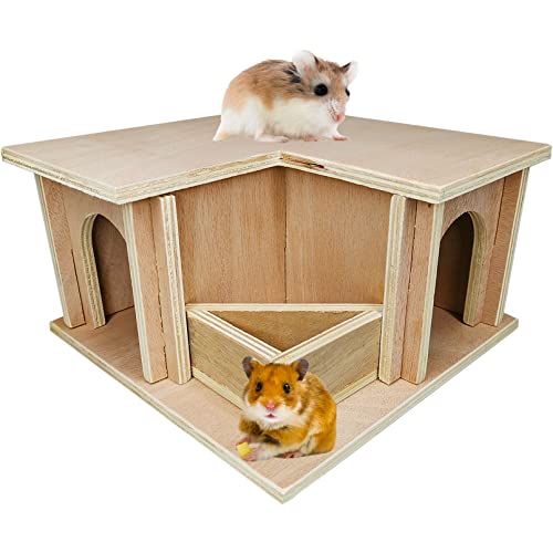 Fhiny Hamster Holz Versteck Zwerghamster Hütte mit Fenstern Kleintier Abnehmbare Haus Habitat Dekor mit Futterbecken für junge syrische Maus Rennmäuse kleine Nager von Fhiny