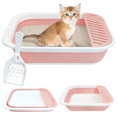 Fhiny Katzentoilette, tragbar, flach, 45 x 34 x 12,4 cm, faltbare Katzentoilette mit Schaufel, offenes Kitty-Töpfchen mit Tropfen-Pedal, leicht zu reinigen, Reise-Toilette (Rosa) von Fhiny