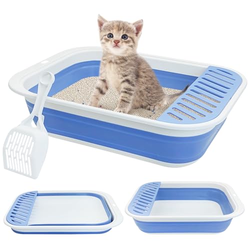 Fhiny Katzentoilette, tragbar, flach, 45 x 34 x 12,4 cm, faltbare Katzentoilette mit Schaufel, offenes Kitty-Töpfchen mit Tropfen-Pedal, leicht zu reinigen, Reise-Toilette (blau) von Fhiny