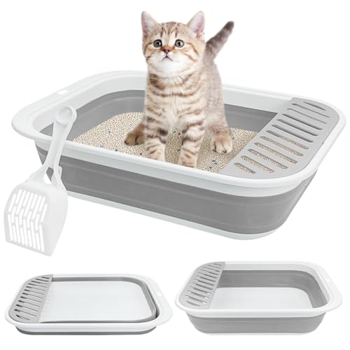 Fhiny Katzentoilette, tragbar, flach, 45 x 34 x 12,4 cm, faltbare Katzentoilette mit Schaufel, offenes Kitty-Töpfchen mit Tropfen-Pedal, leicht zu reinigen, Reise-Toilette (grau) von Fhiny