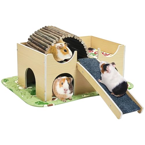Fhiny Meerschweinchenversteck aus Holz, Meerschweinchenschloss mit Rampenbrücke und weicher Matte, großes Kleintierhaus, Schweinchen, Versteck Hamster, Lebensraum, Dekor für Chinchilla, Igel von Fhiny
