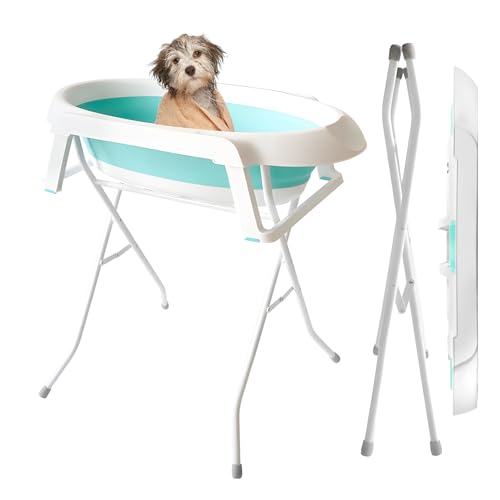2-in-1 Hundebad Waschstation für Baden und Pflege, erhöhte klappbare tragbare Duschwanne für kleine Hunde Katzen Haustier, drinnen und draußen (Blau) von Fiauli