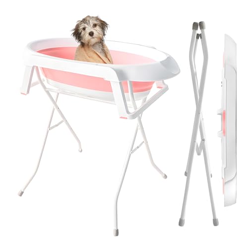 2-in-1 Hundebad Waschstation für Baden und Pflege, erhöhte klappbare tragbare Duschwanne für kleine Hunde Katzen Haustier, drinnen und draußen (Rosa) von Fiauli