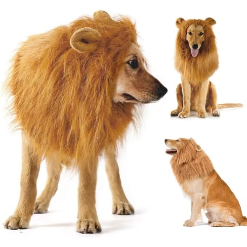 Ficher Cosplay-Kleidung für Haustiere, Löwenmähne für Hundekostüme, realistische Löwen-Perücke für mittelgroße bis große Hunde + Ohren, Haustierzubehör, niedlich, 1 Stück, B von Ficher