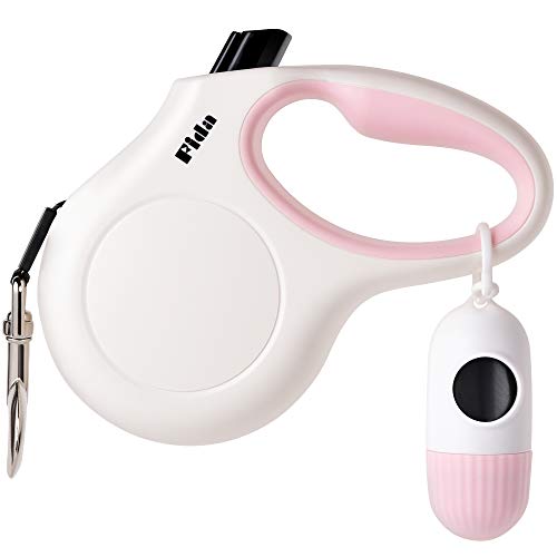 Fida Einziehbare Hundeleine für kleine Rassen bis zu 11,8 kg, 4,8 m, mit Spender und Kotbeuteln, Rutschfester Griff, reflektierendes Starkes Nylonband, Einhand-Bremse (S, Weiß & Pink) von Fida