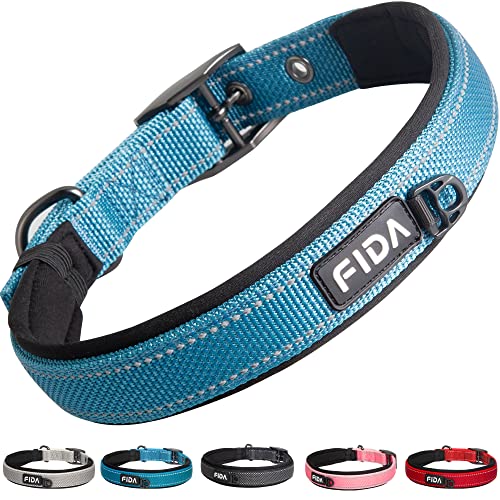 Fida Gepolstertes Hundehalsband, Reflektierendes starkes Hundehalsband mit doppellagigem Gurtband, Verstellbares strapazierfähiges Hundehalsband mit Metallschnalle für große Hunde, Blau von Fida