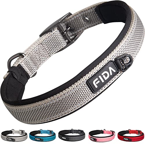 Fida Gepolstertes Hundehalsband, Reflektierendes starkes Hundehalsband mit doppellagigem Gurtband, Verstellbares strapazierfähiges Hundehalsband mit Metallschnalle für große Hunde, Grau von Fida
