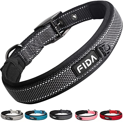 Fida Gepolstertes Hundehalsband, Reflektierendes starkes Hundehalsband mit doppellagigem Gurtband, Verstellbares strapazierfähiges Hundehalsband mit Metallschnalle für kleine Hunde, Schwarz von Fida