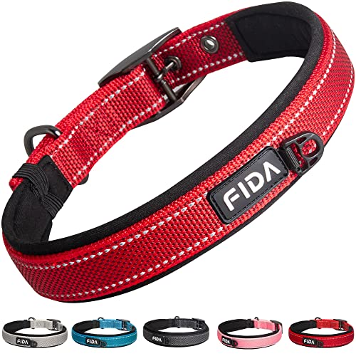 Fida Gepolstertes Hundehalsband, Reflektierendes starkes Hundehalsband mit doppellagigem Gurtband, Verstellbares strapazierfähiges Hundehalsband mit Metallschnalle für große Hunde, Rot von Fida