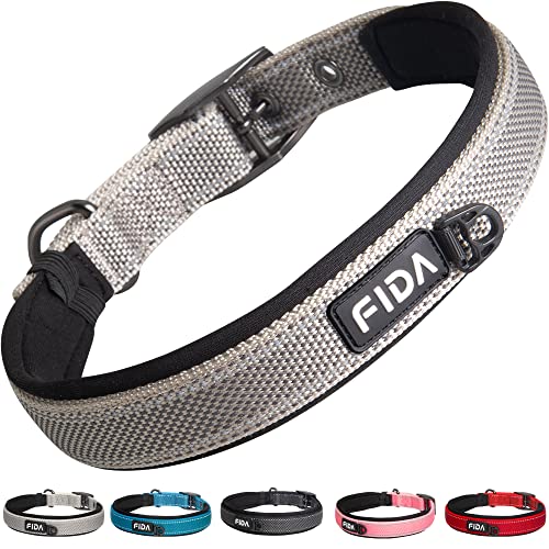 Fida Gepolstertes Hundehalsband, Reflektierendes starkes Hundehalsband mit doppellagigem Gurtband, Verstellbares strapazierfähiges Hundehalsband mit Metallschnalle für kleine Hunde, Grau von Fida