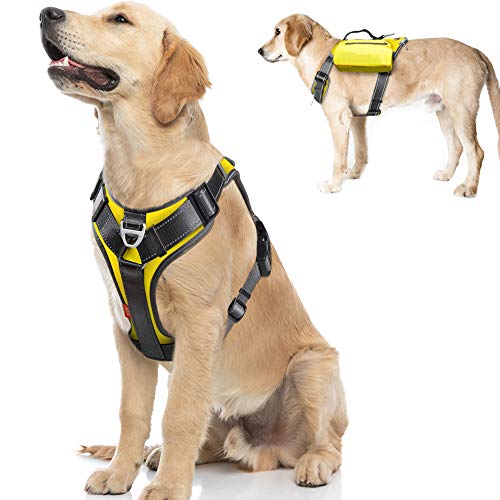 Fida Hundegeschirr, kein Ziehen, mit Griff, strapazierfähig, für Reisen, Camping, Wandern, großer Hund mit 2 versteckten Seitentaschen (L, Gelb) von Fida