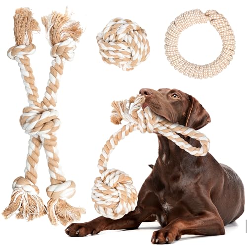 Fida Robustes Hundespielzeug für aggressive Kauer, natürliche Baumwolle, Kauspielzeug für große Hunde, Tauziehen und Apportieren, Seilball, Ring, Knoten, Drehen, um sie zu beschäftigen, 4 Stück Fida Robustes Hundespielzeug für aggressive Kauer, natürliche Baumwolle, Kauspielzeug für große Hunde, Tauziehen und Apportieren, Seilball, Ring, Knoten, Drehen, um sie zu beschäftigen, 4 Stück von Fida