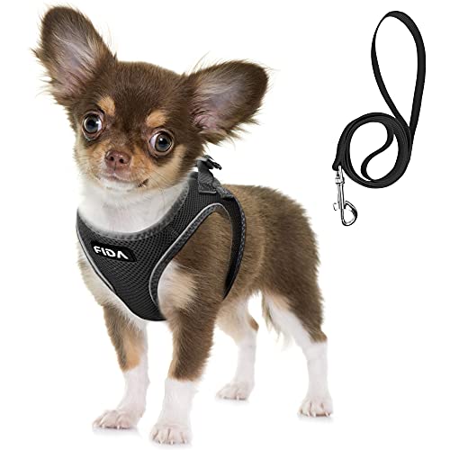 Fida Step-in Flex Hundegeschirr mit Hundeleine, weiche Welpenweste – Allwetter-Mesh-Einstellbares Geschirr für kleine Hunde oder Katzen (XS, Schwarz) von Fida