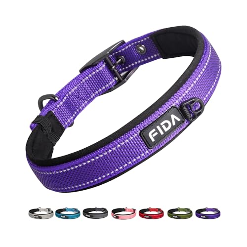 Fida Strapazierfähiges Hundehalsband, ultra-bequem, weiches Neopren gepolstert, verstellbares reflektierendes Nylon-Haustierhalsband mit robuster Metall-Gürtelschnalle für kleine Rassen (S, Lila) von Fida