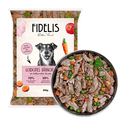 Fidelis – Gekochtes Frische-Menü Huhn für Hunde 10 x 500g - Premium Hunde Futter mit 70% Fleischanteil und frischen Zutaten - Proteinhaltiges Hundefutter nass nicht extrudiert - Zucker- & Getreidefrei von Fidelis