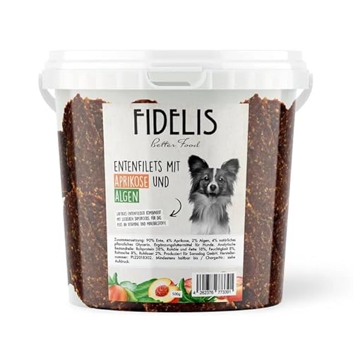 Fidelis - Entenfilets Alge & Aprikose für Hunde im praktischen 500gr-Eimer - Luftgetrocknete Hunde Leckerlis aus 100% natürlichen Rohstoffen Fidelis - Entenfilets Alge & Aprikose für Hunde im praktischen 500gr-Eimer - Luftgetrocknete Hunde Leckerlis aus 100% natürlichen Rohstoffen von Fidelis