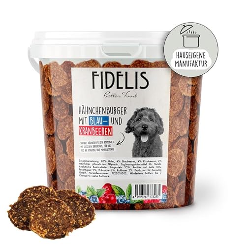 Fidelis - Hähnchenburger Häppchen Blaubeere & Kranbeere für Hunde im praktischen 800g-Eimer - Luftgetrocknete Hunde Leckerlis aus 100% natürlichen Rohstoffen Fidelis - Hähnchenburger Häppchen Blaubeere & Kranbeere für Hunde im praktischen 800g-Eimer - Luftgetrocknete Hunde Leckerlis aus 100% natürlichen Rohstoffen von Fidelis