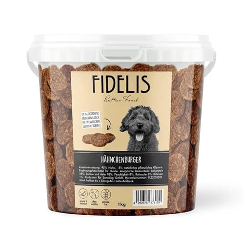 Fidelis – Hähnchenburger für Hunde im wiederverschließbarem 1kg-Eimer - Luftgetrocknete Hunde Leckerlis aus 100% natürlichen Rohstoffen Fidelis – Hähnchenburger für Hunde im wiederverschließbarem 1kg-Eimer - Luftgetrocknete Hunde Leckerlis aus 100% natürlichen Rohstoffen von Fidelis