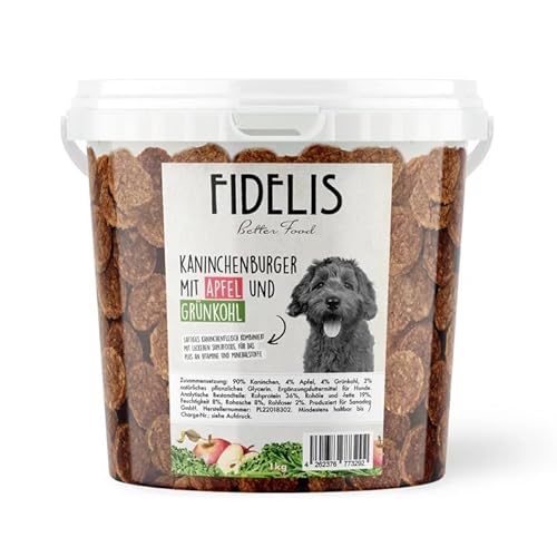 Fidelis - Kaninchenburger Apfel & Grünkohl für Hunde im praktischen 1kg-Eimer - Luftgetrocknete Hunde Leckerlis aus 100% natürlichen Rohstoffen Fidelis - Kaninchenburger Apfel & Grünkohl für Hunde im praktischen 1kg-Eimer - Luftgetrocknete Hunde Leckerlis aus 100% natürlichen Rohstoffen von Fidelis
