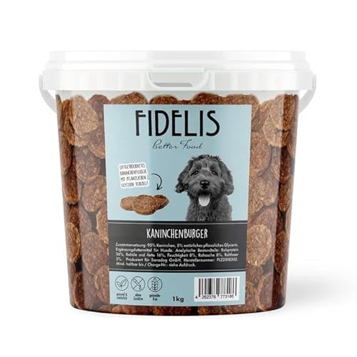 Fidelis – Kaninchenburger für Hunde im wiederverschließbarem 1kg-Eimer - Luftgetrocknete Hunde Leckerlis aus 100% natürlichen Rohstoffen Fidelis – Kaninchenburger für Hunde im wiederverschließbarem 1kg-Eimer - Luftgetrocknete Hunde Leckerlis aus 100% natürlichen Rohstoffen von Fidelis