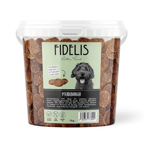 Fidelis – Pferdeburger für Hunde im wiederverschließbarem 1kg-Eimer - Luftgetrocknete Hunde Leckerlis aus 100% natürlichen Rohstoffen Fidelis – Pferdeburger für Hunde im wiederverschließbarem 1kg-Eimer - Luftgetrocknete Hunde Leckerlis aus 100% natürlichen Rohstoffen von Fidelis