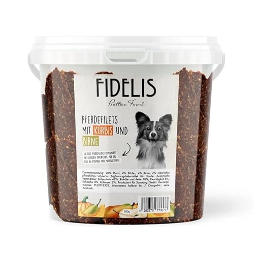 Fidelis - Pferdefilets Kürbis & Birne für Hunde im praktischen 500gr-Eimer - Luftgetrocknete Hunde Leckerlis aus 100% natürlichen Rohstoffen Fidelis - Pferdefilets Kürbis & Birne für Hunde im praktischen 500gr-Eimer - Luftgetrocknete Hunde Leckerlis aus 100% natürlichen Rohstoffen von Fidelis