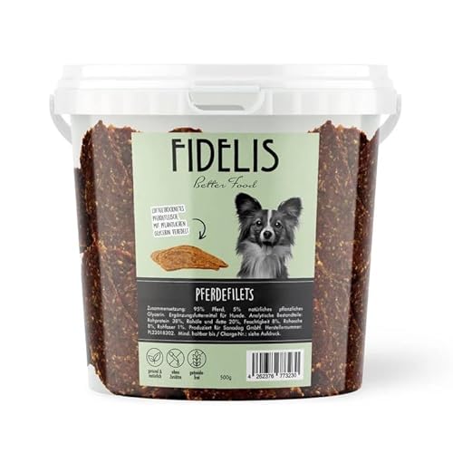 Fidelis – Pferdefilets für Hunde im wiederverschließbarem 500gr-Eimer - Luftgetrocknete Hunde Leckerlis aus 100% natürlichen Rohstoffen Fidelis – Pferdefilets für Hunde im wiederverschließbarem 500gr-Eimer - Luftgetrocknete Hunde Leckerlis aus 100% natürlichen Rohstoffen von Fidelis