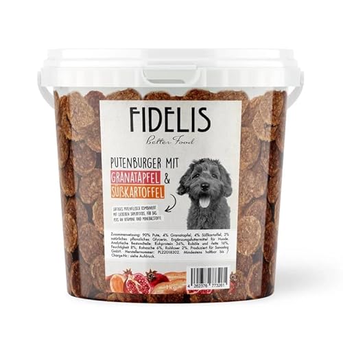 Fidelis - Putenburger Häppchen Granatapfel & Süßkartoffel für Hunde im praktischen 1kg-Eimer - Luftgetrocknete Hunde Leckerlis aus 100% natürlichen Rohstoffen Fidelis - Putenburger Häppchen Granatapfel & Süßkartoffel für Hunde im praktischen 1kg-Eimer - Luftgetrocknete Hunde Leckerlis aus 100% natürlichen Rohstoffen von Fidelis