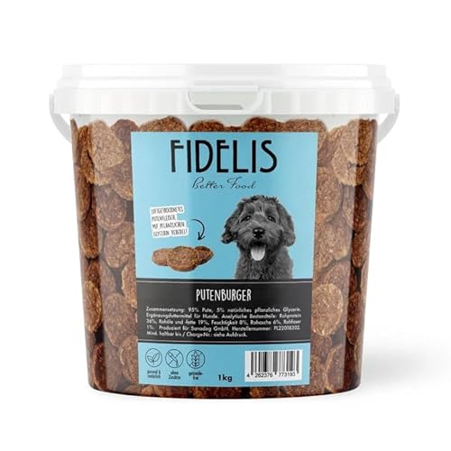 Fidelis – Putenburger für Hunde im wiederverschließbarem 1kg-Eimer - Luftgetrocknete Hunde Leckerlis aus 100% natürlichen Rohstoffen Fidelis – Putenburger für Hunde im wiederverschließbarem 1kg-Eimer - Luftgetrocknete Hunde Leckerlis aus 100% natürlichen Rohstoffen von Fidelis