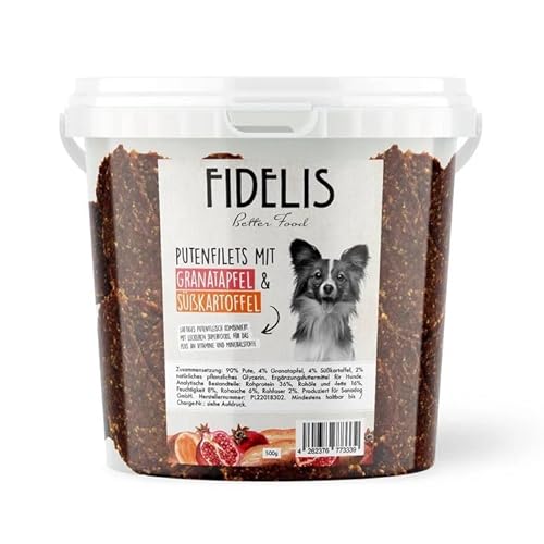 Fidelis - Putenfilets Granatapfel & Süßkartoffel für Hunde im praktischen 500gr-Eimer - Luftgetrocknete Hunde Leckerlis aus 100% natürlichen Rohstoffen Fidelis - Putenfilets Granatapfel & Süßkartoffel für Hunde im praktischen 500gr-Eimer - Luftgetrocknete Hunde Leckerlis aus 100% natürlichen Rohstoffen von Fidelis