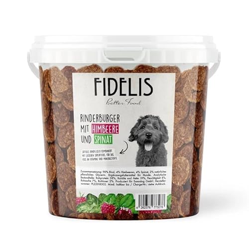 Fidelis – Rinderburger Himbeere & Spinat für Hunde im praktischen 1kg-Eimer - Luftgetrocknete Hunde Leckerlis aus 100% natürlichen Rohstoffen Fidelis – Rinderburger Himbeere & Spinat für Hunde im praktischen 1kg-Eimer - Luftgetrocknete Hunde Leckerlis aus 100% natürlichen Rohstoffen von Fidelis