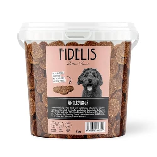 Fidelis - Rinderburger für Hunde im wiederverschließbarem 1kg-Eimer - Luftgetrocknete Hunde Leckerlis aus 100% natürlichen Rohstoffen Fidelis - Rinderburger für Hunde im wiederverschließbarem 1kg-Eimer - Luftgetrocknete Hunde Leckerlis aus 100% natürlichen Rohstoffen von Fidelis