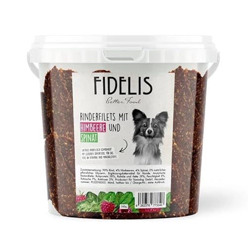 Fidelis - Rinderfilets Himbeere & Spinat für Hunde im praktischen 500gr-Eimer - Luftgetrocknete Hunde Leckerlis aus 100% natürlichen Rohstoffen Fidelis - Rinderfilets Himbeere & Spinat für Hunde im praktischen 500gr-Eimer - Luftgetrocknete Hunde Leckerlis aus 100% natürlichen Rohstoffen von Fidelis