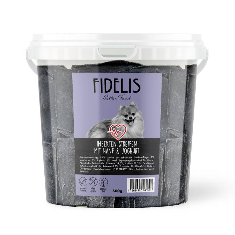 Insekten Streifen mit Hanf und probiotischem Joghurt (500g-Eimer) von Fidelis