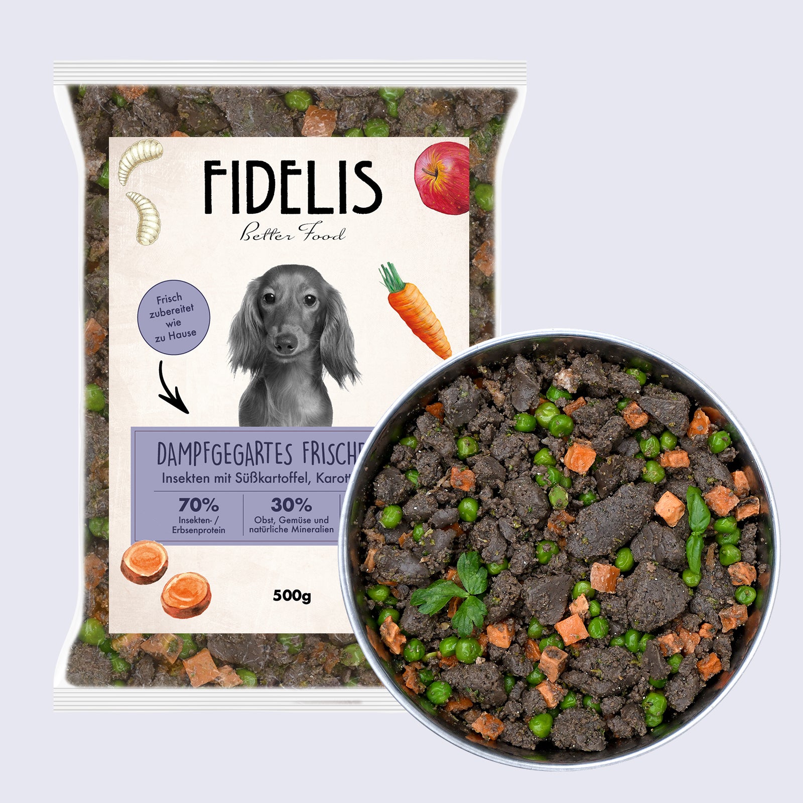 Insekten mit Süßkartoffel, Karotte und Apfel (500g) gefroren von Fidelis