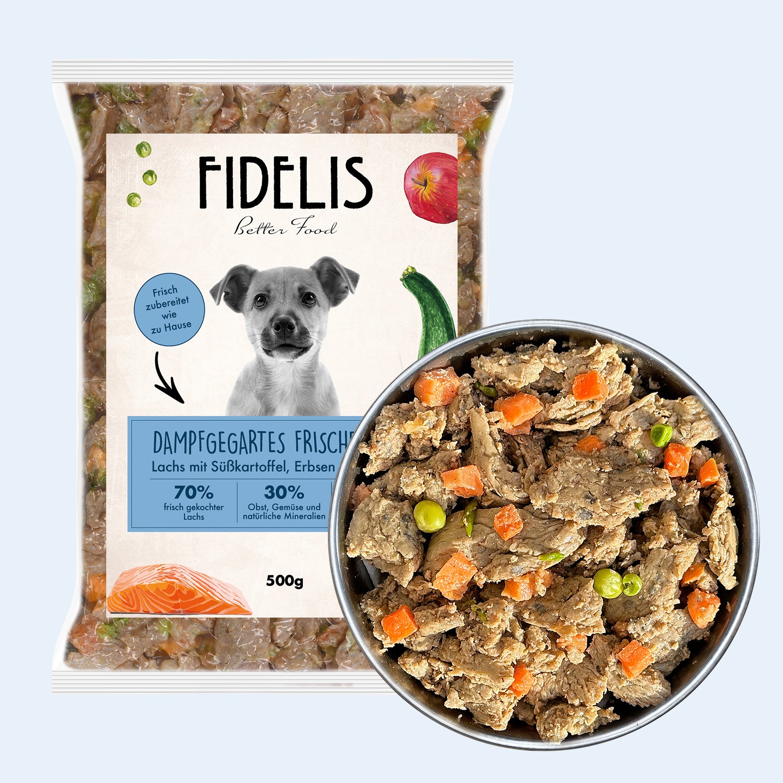 Lachs mit Süßkartoffel, Erbsen und Zucchini (500g) gefroren von Fidelis
