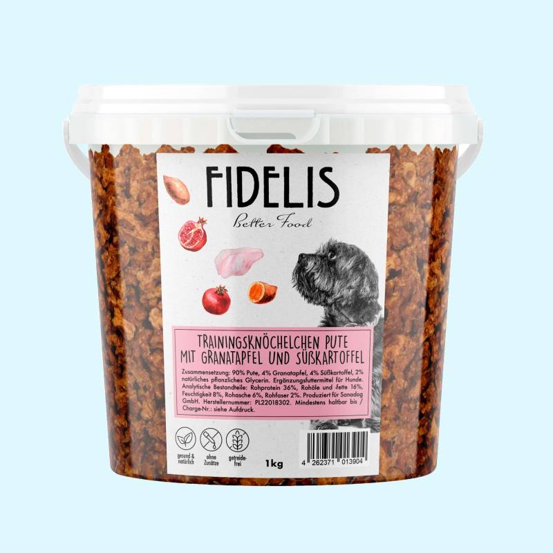 Trainingsknöchelchen Pute mit Granatapfel und Süßkartoffel (1kg-Eimer) von Fidelis