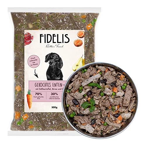 Fidelis – Gekochtes Frische-Menü Ente für Hunde 10 x 500g - Premium Hunde Futter mit 70% Fleischanteil und frischen Zutaten - Proteinhaltiges Hundefutter nass nicht extrudiert - Zucker- & Getreidefrei von Fidelis