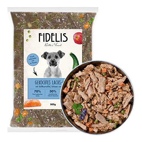 Fidelis - Gekochtes Frische-Menü Lachs für Hunde 10 x 500g - Premium Hunde Futter mit 70% Fischanteil und frischen Zutaten - Proteinhaltiges Hundefutter nass Nicht extrudiert - Zucker- & Getreidefrei von Fidelis