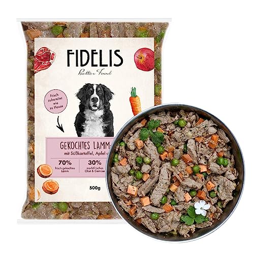 Fidelis - Gekochtes Frische-Menü Lamm für Hunde 10 x 500g - Premium Hunde Futter mit 70% Fleischanteil und frischen Zutaten - Proteinhaltiges Hundefutter nass nicht extrudiert - Zucker- & Getreidefrei von Fidelis