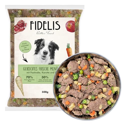 Fidelis - Gekochtes Frische-Menü Pferd für Hunde 10 x 500g - Hunde Futter mit 70% Fleischanteil und frischen Zutaten - Proteinhaltiges Hundefutter nass Nicht extrudiert - Zucker- & Getreidefrei von Fidelis