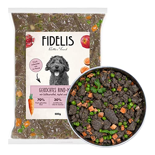 Fidelis – Gekochtes Frische-Menü Rind für Hunde 10 x 500g - Premium Hunde Futter mit 70% Fleischanteil und frischen Zutaten - Proteinhaltiges Hundefutter nass nicht extrudiert - Zucker- & Getreidefrei von Fidelis