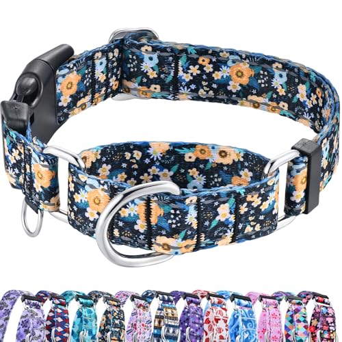 Fidohug Reflektierendes Martingale-Hundehalsband mit Schnalle, weiches Nylon, Blumenmuster, rutschfest, für kleine Hunde (schwarz-orangefarbene Blumen, S) von Fidohug